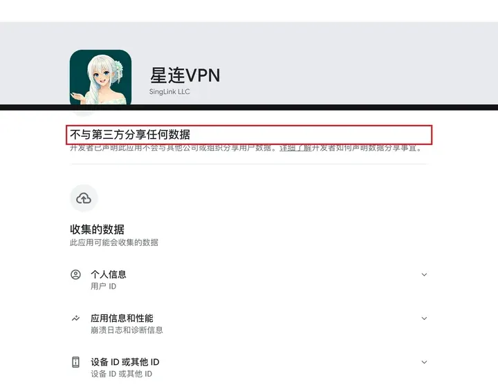 Google Play 数据安全栏：星连写着不与第三方分享任何数据