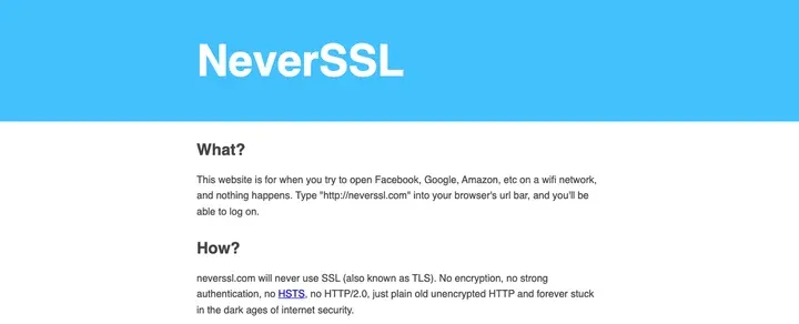 neverssl.com：专门不用加密的测试网页，经实验服务器打开