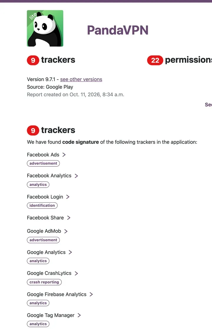 Exodus 报告：PandaVPN 9.7.1 有 9 个追踪器，Facebook Ads、Facebook Analytics、Facebook Login、Facebook Share、Google AdMob 等