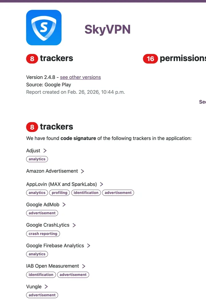 Exodus 报告：SkyVPN 2.4.8 有 8 个追踪器，Adjust、Amazon Advertisement、AppLovin、Google AdMob、Vungle 等