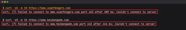 本机 curl：xuanfengpro.com 和 heidongweb.com 都连不上