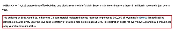 The Sheridan Press：30 N. Gould St. 这栋楼有 26 家商业注册代理，代理近 30 万家有限公司