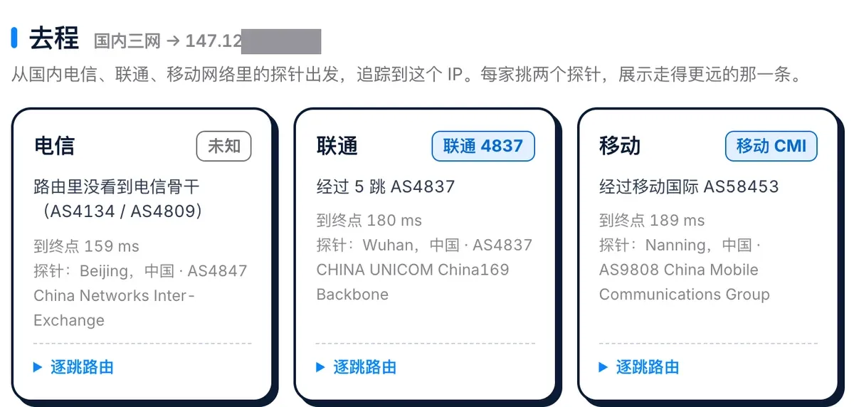 不翻车去程回程路由检测：测试服务器三网都到终点，电信 159 ms、联通 180 ms、移动 189 ms（IP 已打码）