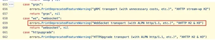 Xray 源码 v24.12.15：WebSocket 用的是 PrintDeprecatedFeatureWarning
