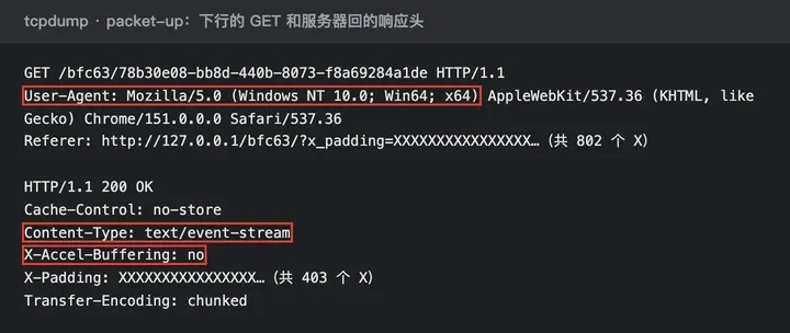 GET 请求和服务器响应头：User-Agent 自称 Windows 上的 Chrome；响应 Content-Type: text/event-stream、X-Accel-Buffering: no