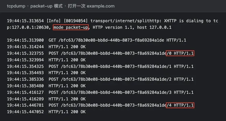 packet-up 抓包：先是 GET /bfc63/编号，接着 POST /bfc63/编号/0 到 /4