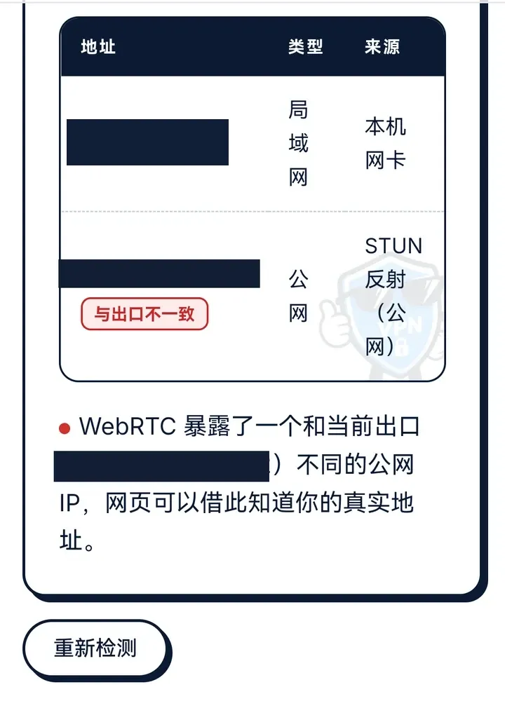 本站 WebRTC 检测显示 STUN 公网地址与 VPN 出口不一致，所有 IP 均已遮挡