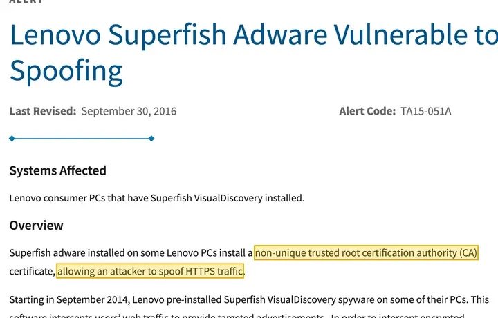 CISA 警报 TA15-051A：Superfish 安装了一张非唯一的受信任根证书，攻击者可以伪造 HTTPS 流量