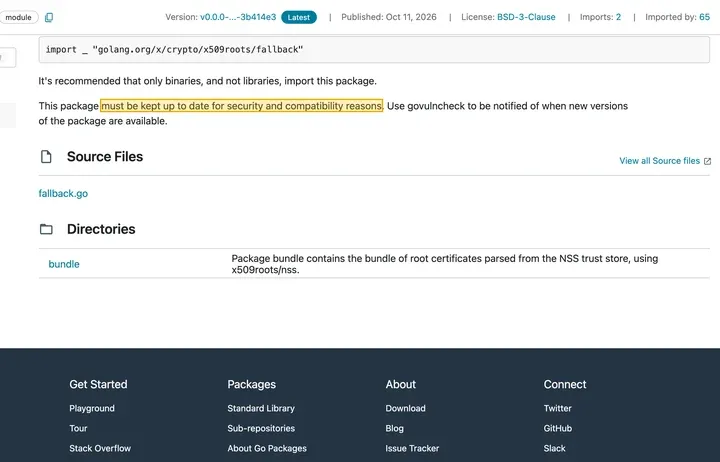 pkg.go.dev：This package must be kept up to date for security and compatibility reasons