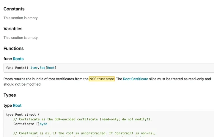 pkg.go.dev：x509roots/fallback/bundle 的根证书来自 NSS trust store