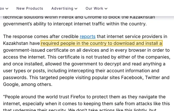 Mozilla 博客 2019-08-21：哈萨克斯坦要求用户在所有设备和浏览器上安装政府发的证书