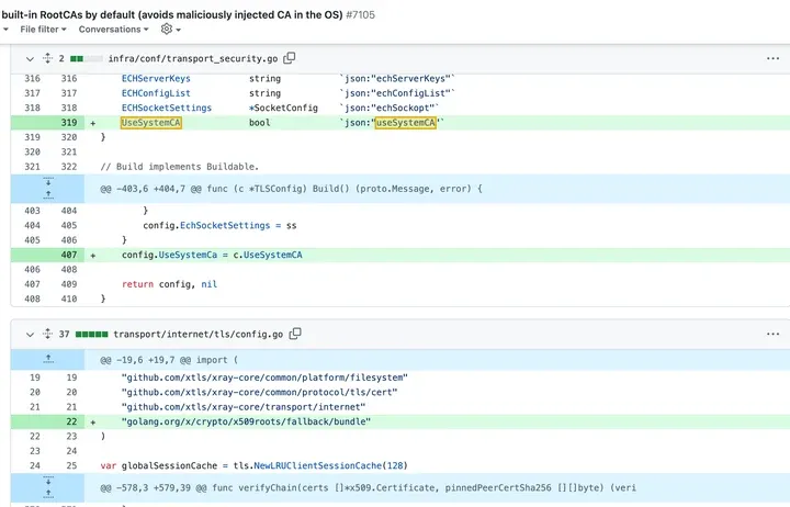PR #7105 代码改动：TLSConfig 新增 UseSystemCA，对应配置项 useSystemCA