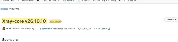 Xray-core v26.10.10 发布页，标着 Pre-release