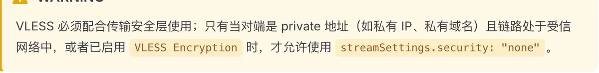 Xray 官方文档警告：VLESS 必须配合传输安全层使用