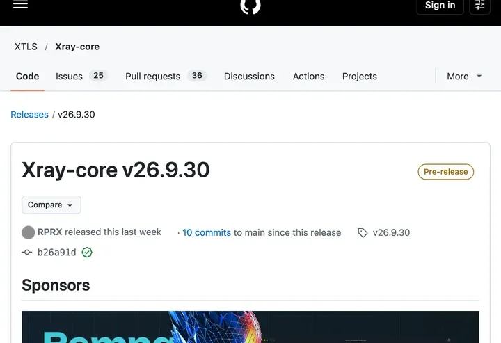 Xray-core v26.9.30 发布页标着 Pre-release
